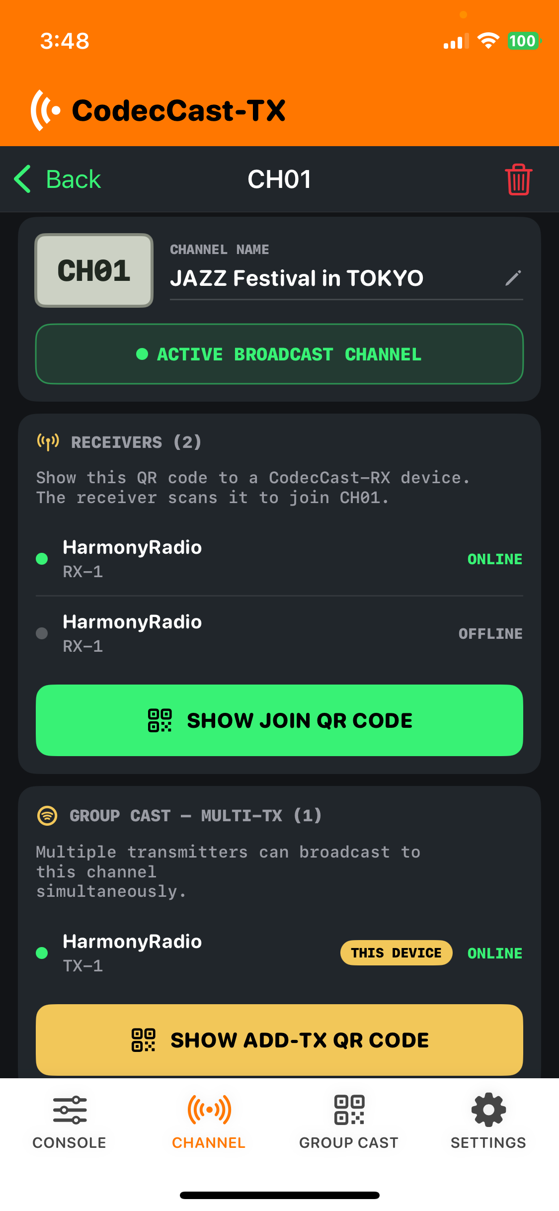 CodecCast-TX Channels